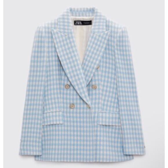 ZARA Double Breasted Houndstooth Blazer Blue Gingham ASO Kate Middleton S - Picture 1 of 13